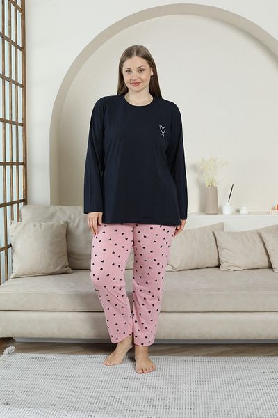FAMESTEKSTİL Uzunkol Combed Cotton Seasonal Flat Heart Embroidered Large Size Pajama Set