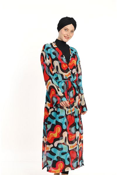İKSUN Patterned Hijab Tulle Pareo Long Design Kaftan Kimono