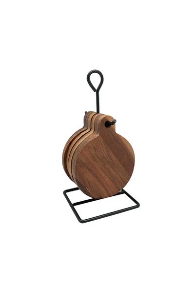 BİEN SERAMİK 6-Piece Acacia Wood Round Coaster Set with Rack Brown and Black