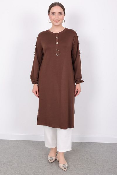 Linvey Gift Comfortable Daily Gold Bow Button Half Placket D Buckle Classic Basic Wide Fit Combed Cotton Tunic