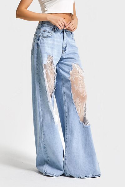 its basic Blugi de damă culoare D1 12s5-27 Palazzo Fit Tulle transparent Detaliu din dantelă 100% bumbac Design special Blugi din denim