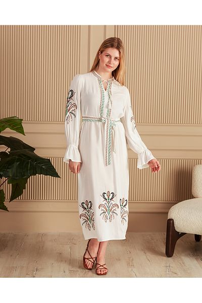 EL jadida Women's Embroidered Belted Plus Size Viscose Dress White