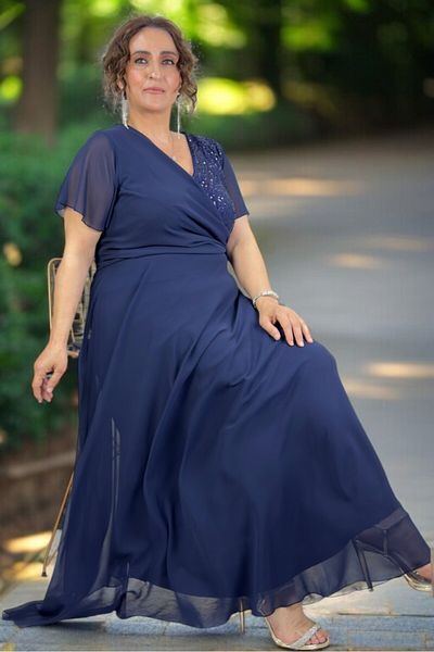yagmurberen Kruvaze Breast Angel Sleeve Sequence Lined Skirt Plus Size Chifon Evening Dress