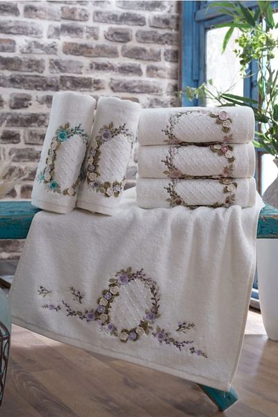 Fiesta Mother and Daughter Towel 3D Embroidered Cream Bamboo 50X90 (6 Pieces) 30X50 (6 Pieces)