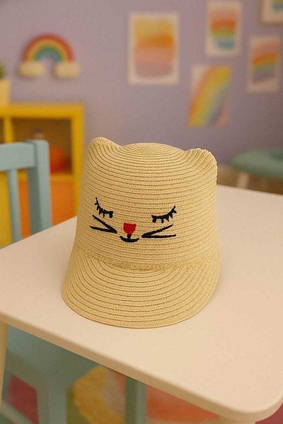 gigigiyim Girl's Straw Hat with Eared Cat Pattern