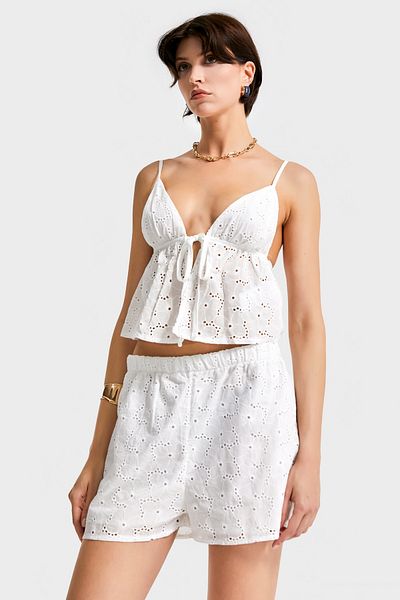 its basic Women's Off-White Color S5-2 Ruched Fabric Bottom Shorts Top Crop 2-Piece Combination Design Suit