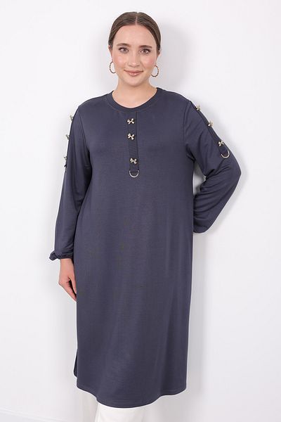 Linvey Gift Comfortable Daily Gold Bow Button Half Placket D Buckle Classic Basic Wide Fit Combed Cotton Tunic