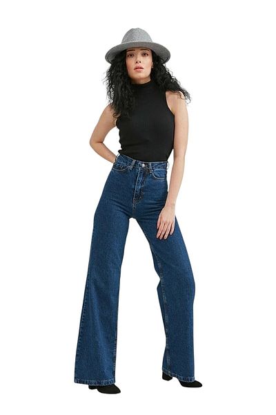 Livik Pantaloni de denim largi, elastici, din Lycra, pentru femei Harmony, model Palazzo, cu picioare largi