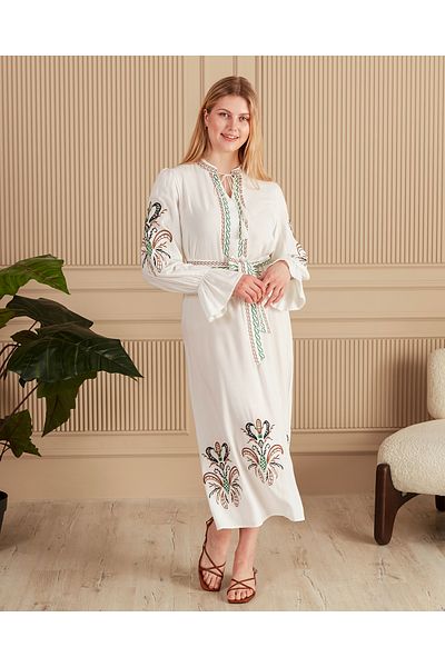 EL jadida Women's Embroidered Belted Plus Size Viscose Dress White