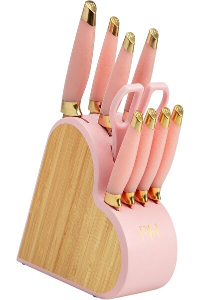 Paris Hilton 10 Parçalı Bıçak Seti, Paslanmaz Çelik, Bambu Bloklu, Pembe Renkli