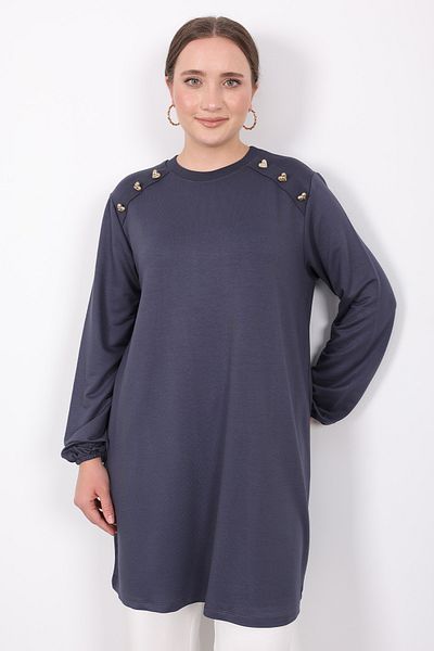 Linvey Crystal Daily Gold Heart Buttoned Summer Thin Combed Cotton Fabric Wide Fit Women's Tunic