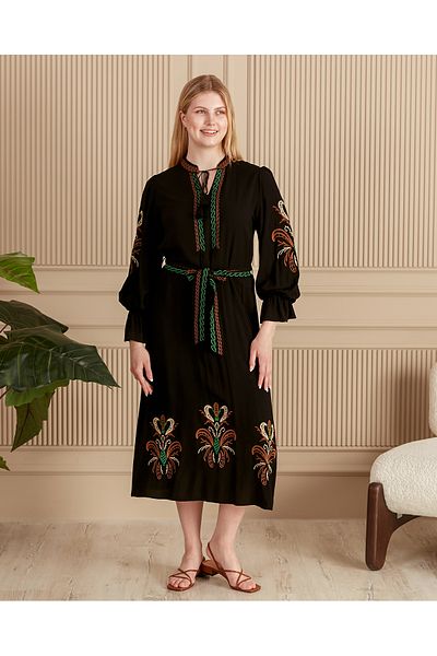 EL jadida Women's Embroidered Belted Plus Size Viscose Dress Black