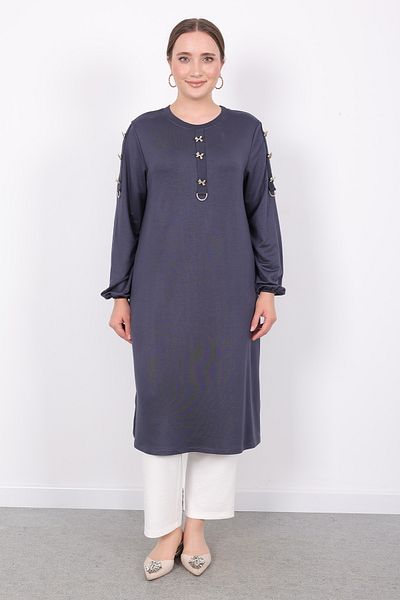 Linvey Gift Comfortable Daily Gold Bow Button Half Placket D Buckle Classic Basic Wide Fit Combed Cotton Tunic