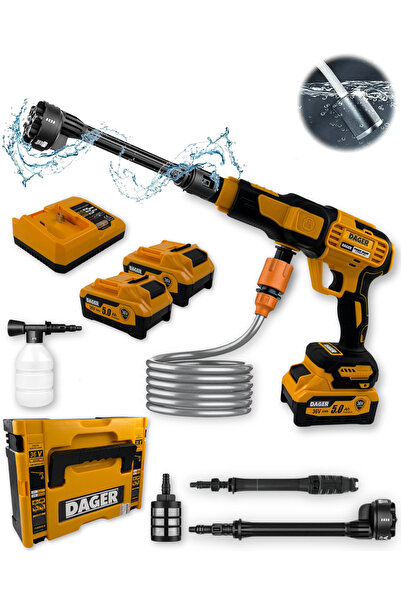 Dager AQUA FORCE 36V Kömürsüz Şarjlı Yüksek Basınçlı Yıkama Makinesi Set | Çift 5.0Ah Akü + Köpük | 70 Bar