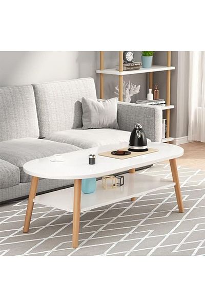Generic MUMOO BEAR Modern Coffee Table Rectangle Tea Table 2 Tier Sofa Side Table White Wooden Leg Small Tab
