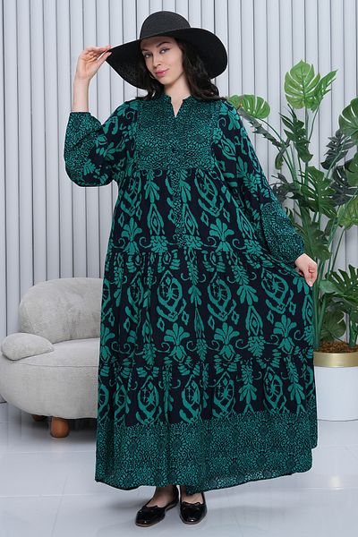 EL jadida Women's Katkat Patterned Plus Size Viscose Hijab Dress Green