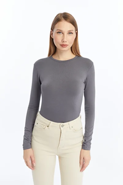 Pawle Women's Anthracite Gray Round Neck Long Sleeve Blouse