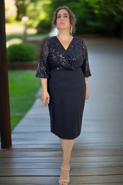 yagmurberen Kruvaze Pul Sequence Bust Bust Closure Sleeve Hemmings Cuff Mini Slit Plus Size Evening Dress
