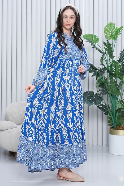 EL jadida Women's Katkat Patterned Plus Size Viscose Hijab Dress Blue