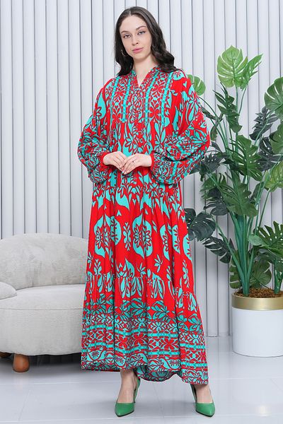 EL jadida Women's Katkat Patterned Plus Size Viscose Hijab Dress Red
