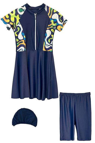 REMSA Uv Protection Skirted Leggings Short Sleeve Girls Swimsuit Mira 1511 Navy Blue01 Neon