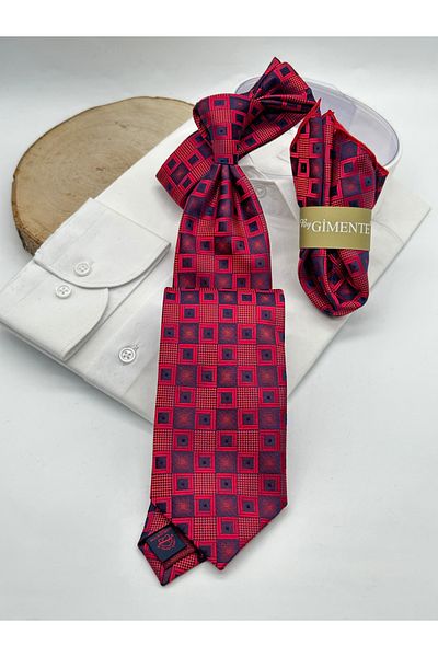 Gutiero Claret Red Patterned Classic Tie with Handkerchief