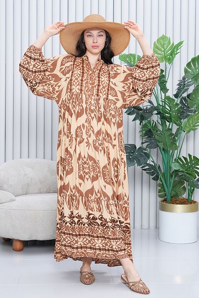 EL jadida Women's Katkat Patterned Plus Size Viscose Hijab Dress Beige