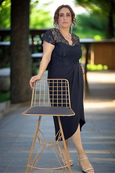 yagmurberen Bust Lace Embroidered V-Necklace Orphan Sleeve Drapellow Waist Double Crepe Evening Dress