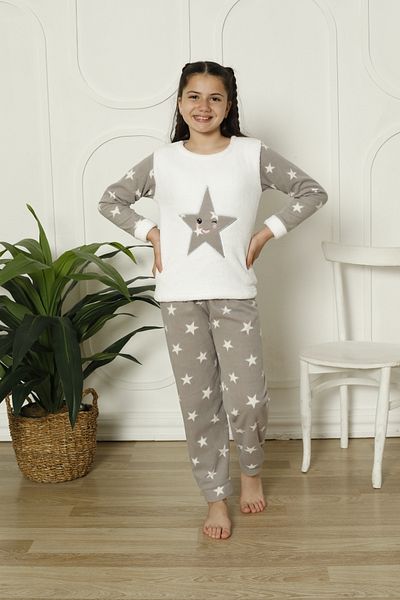 FAMESTEKSTİL Girl's White Plush Bottom Starred Yumoş Winter Warm Fabric Pajama Set