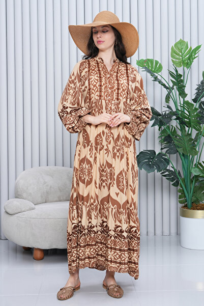 EL jadida Γυναικείο Μπεζ Φόρεμα Μεγάλου Μεγέθους Βισκόζης Μακριά Μοτίβο