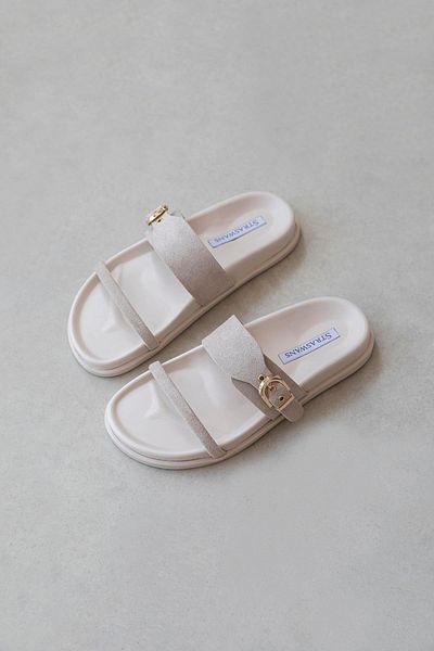 STRASWANS Papuci de damă Zeus cu cataramă, confort zilnic, din piele intoarsa, bej