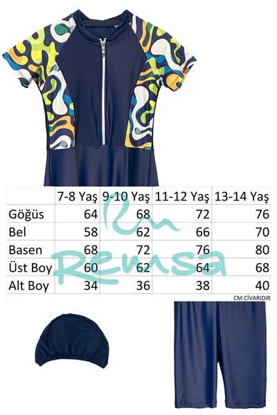 REMSA UV Korumalı Etekli Taytlı Kısa Kol Kız Çocuk Mayo Mira 1511 Lacivert01 Neon