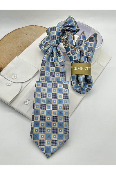 Gutiero Classic Tie with Cream Blue Patterned Handkerchief