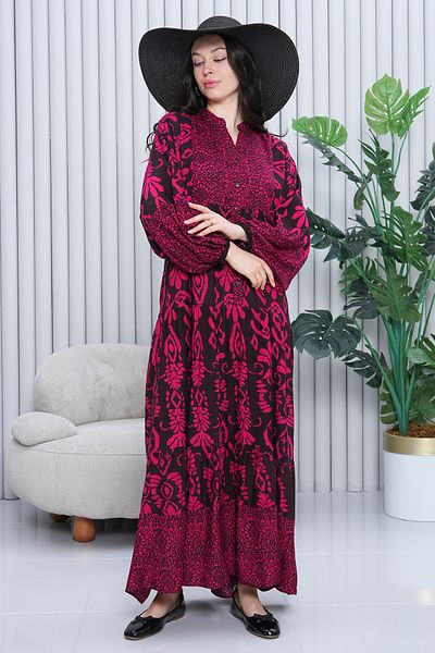 EL jadida Women's Katkat Patterned Plus Size Viscose Hijab Dress Fuchsia