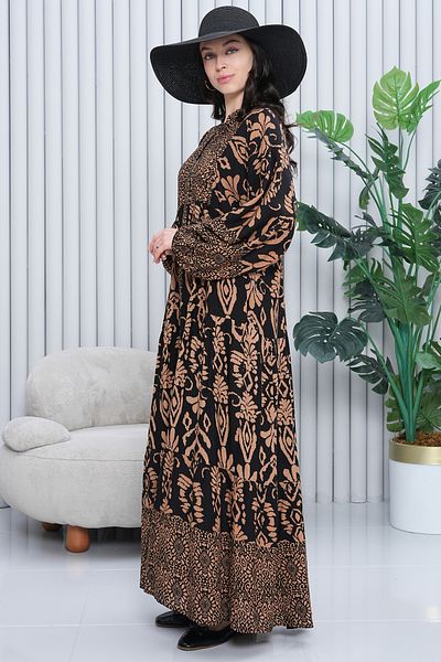 EL jadida Women's Katkat Patterned Plus Size Viscose Hijab Dress Brown