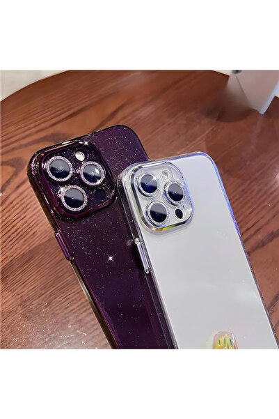 Merwish iPhone 13 Pro Kamera ve Lens Korumalı Simli Işıltılı Taşlı Mor Kapak ...