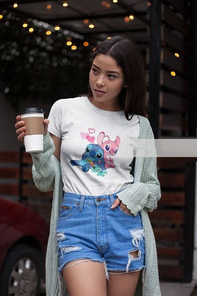 makiteks Τυπωμένο Lilo Stitch Γυναικείο Unisex Crew Neck Μπλουζάκι με στάμπα Λευκό Μαύρο Γκρι μπλουζάκι