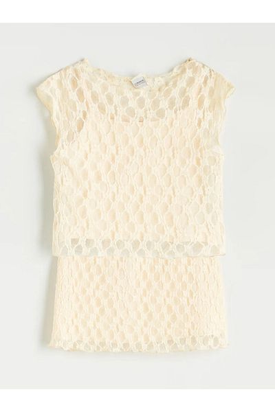 LC Waikiki Lcw Kids Sari Crew Neck Lace Detailed Girl Blouse and Skirt