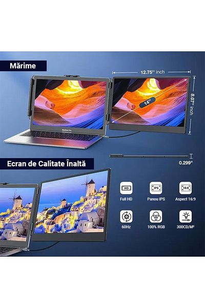 Influential Tech Monitor LED portabil Full HD de 14", USB-C și HDMI, rotire la 180°, compatibil cu iOS/Android/PC