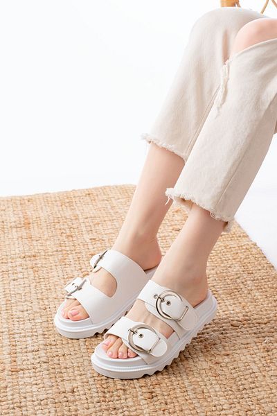 Budi Dm-6010 Daily Women's Slippers with White Buckle Accessories