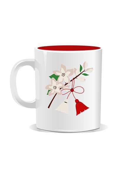 OEM Personalized mug with March 1st message, branch with flowers and string - Red interior