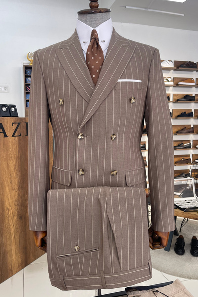 NAZEF Slim Fit Pointed Collar Striped Double Breasted Light Brown Summer Suit
