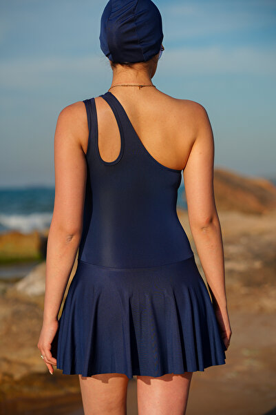 Gugus Women's One Shoulder Double Strap Dress Swimsuit with Inner Tights