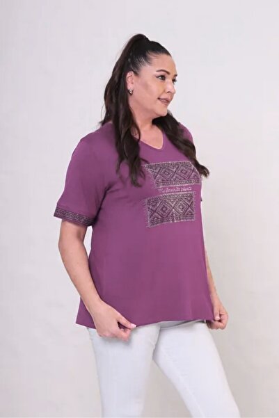 tarzımsüper Women's Plus Size Ethnic Stone Detailed Short Sleeve T-Shirt