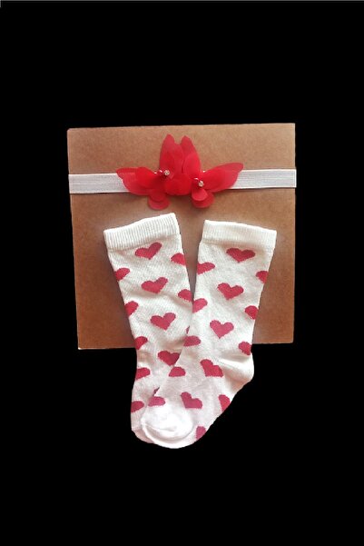 Asa Bebek Çocuk Baby Girl Butterfly Headband and Knee Socks Set Baby Girl Set Red Heart on Cream