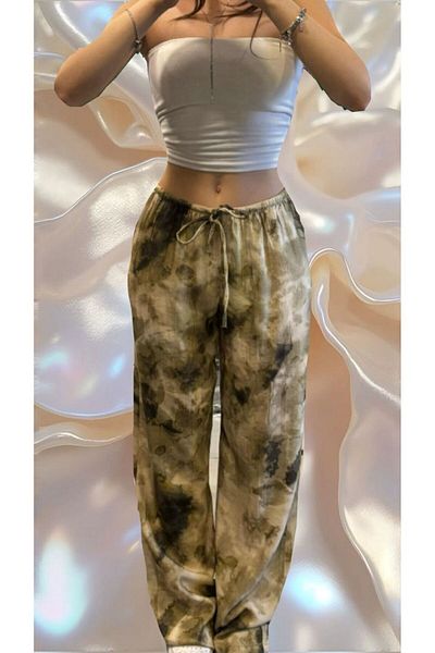 VibeGaia Patterned Premium Wide Leg Trousers with Elastic Waist