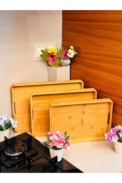 Makri Set of 3 Rectangular Bamboo Tray, Large: 29 X 41 Cm, Medium: 26 X 37 Cm, Small: 23 X 33 cm
