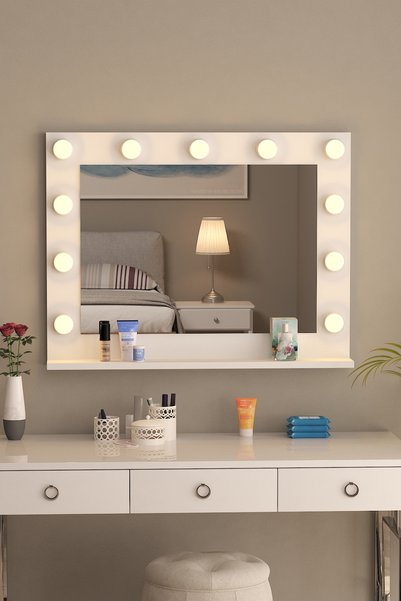 nysamo 90x70cm Beyaz Raflı Işıklı Kumandalı Makyaj Masası Etejer Banyo Aynası Dresuar Salon Aynası