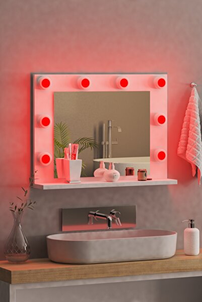 nysamo 70x52 cm Beyaz Raflı Işıklı Kumandalı Makyaj Masası Etejer Banyo Aynası Dresuar Salon Aynası