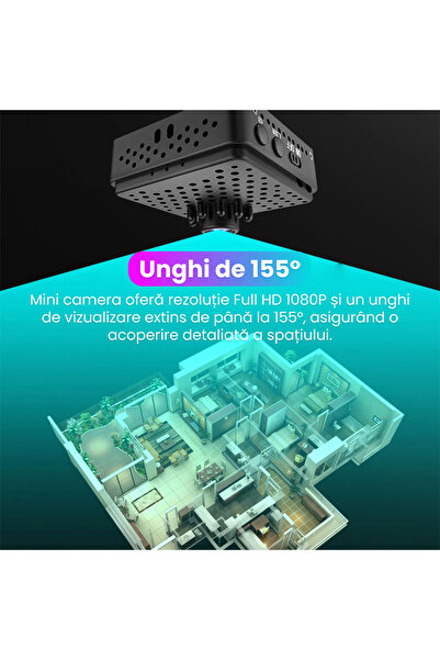 Spionescu Mini cameră de supraveghere, WIFI, 1080P, vedere nocturnă, unghi larg de 155°, senzor de mișcare, alarmă prin aplicație